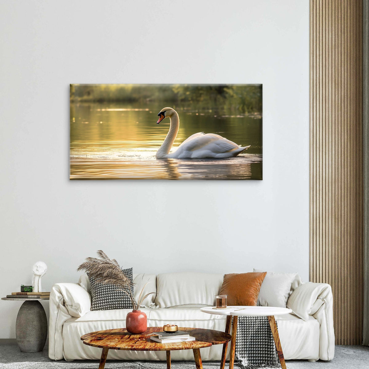Waterfowl Swan Swimming At Sunset Wall Art Canvas Office Home Framed 120x60cm