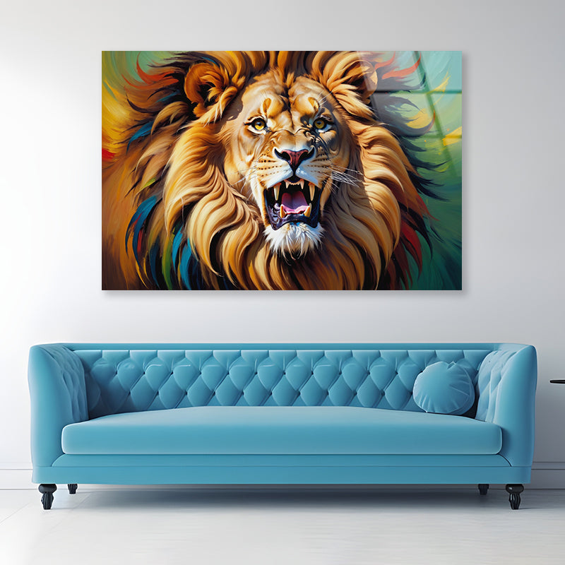 Majestic Lion among Bright Oil Paints Acrylic Glass Print Tempered Glass Wall Art 100% Made in Australia Ready to Hang