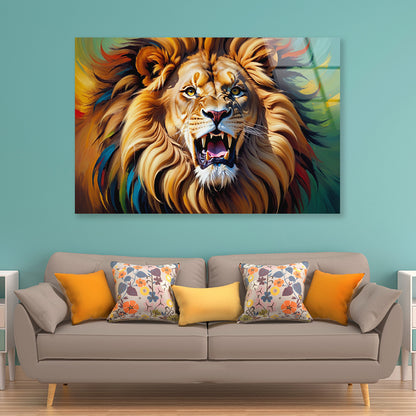 Majestic Lion among Bright Oil Paints Acrylic Glass Print Tempered Glass Wall Art 100% Made in Australia Ready to Hang