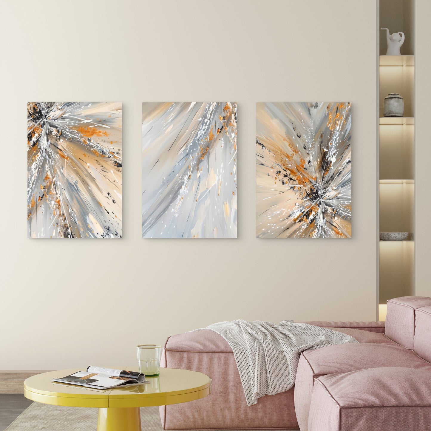 3pcs Grey Gold Abstract Splash Burst Modern  Wall Art Set Canvas Framed 50x70cm - High Quality Print 100% Australian Made Wall Canvas Ready to Hang