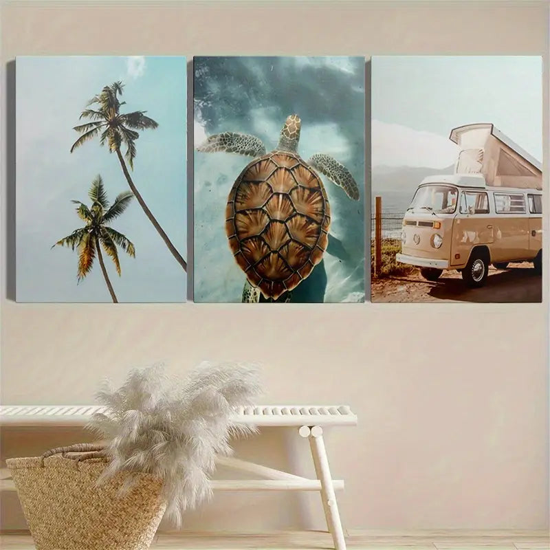 3pcs Surfboard, Palm Trees, And Turtle Design Metal Print Ready to Hang Art