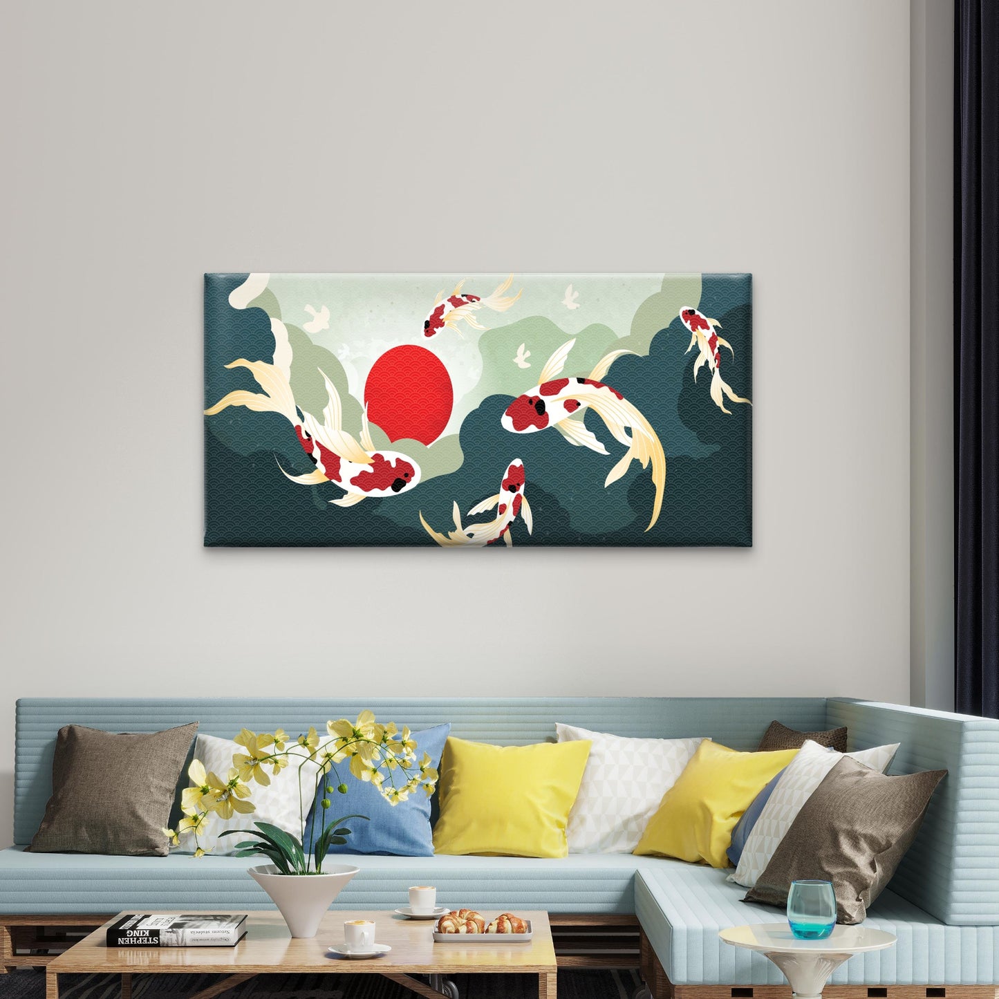 Japanese Koi Fish Red Sun Wall Art Canvas Office Home Room Framed 120x60cm