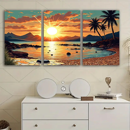 3pcs Beach Sunset Palm Trees Mountains Wall Art Set Canvas Framed 40x60cm - High Quality Print 100% Australian Made Wall Canvas Ready to Hang - Bella Home Decor
