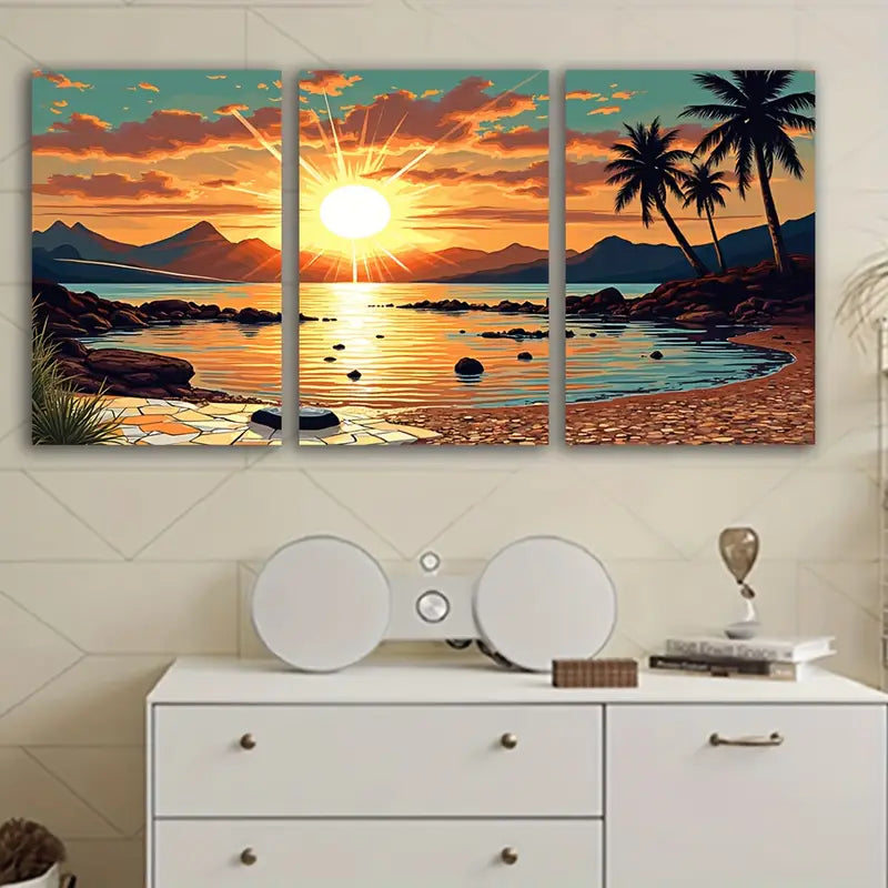 3pcs Beach Sunset Palm Trees Mountains Wall Art Set Canvas Framed 60x90cm - High Quality Print 100% Australian Made Wall Canvas Ready to Hang - Bella Home Decor