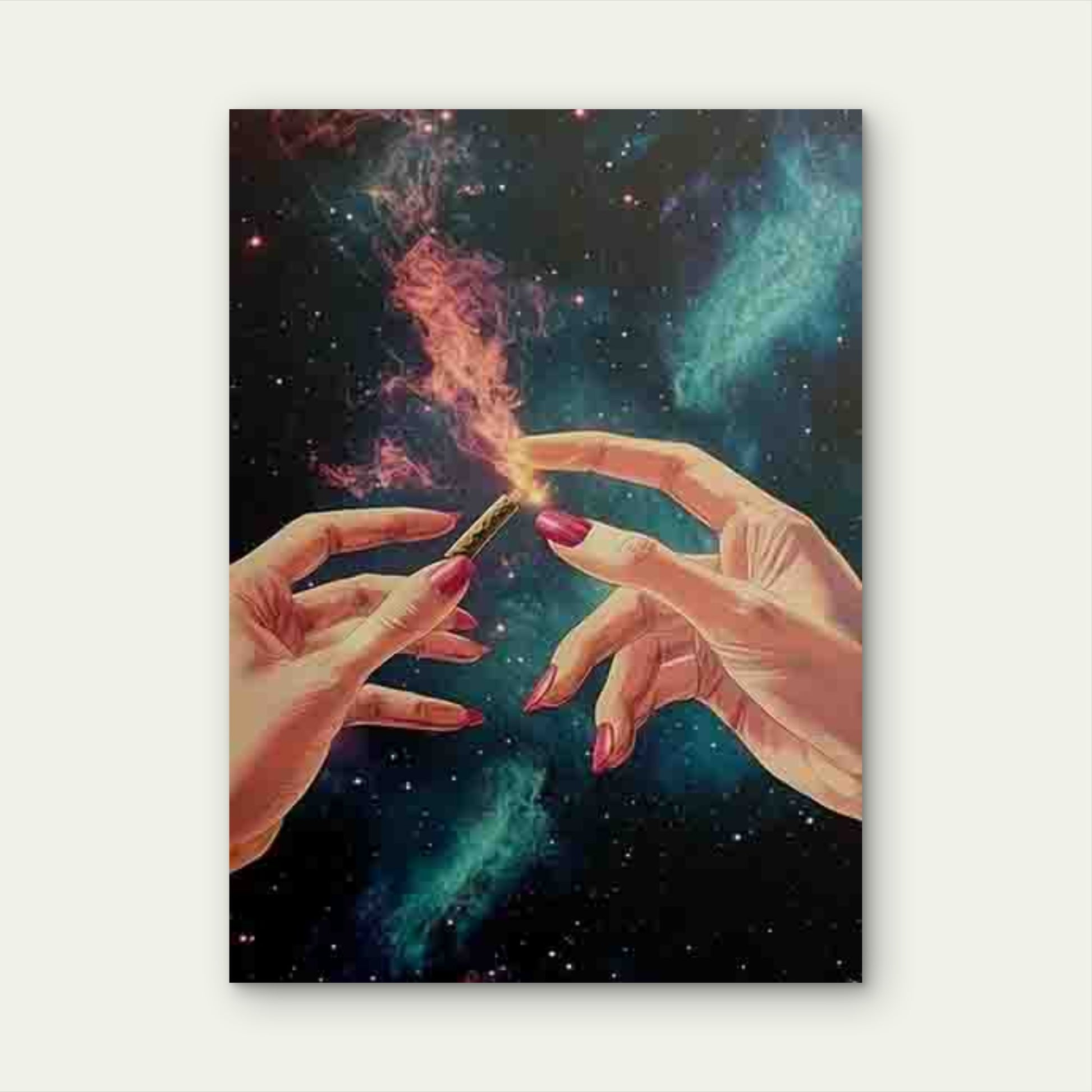 Hands Lighting Joint with Cosmic Galaxy Metal Print Ready to Hang - Bella Home Decor