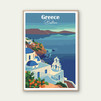 Greece Balkans Santorini Blue Dome Church Travel Poster Print Wall Art