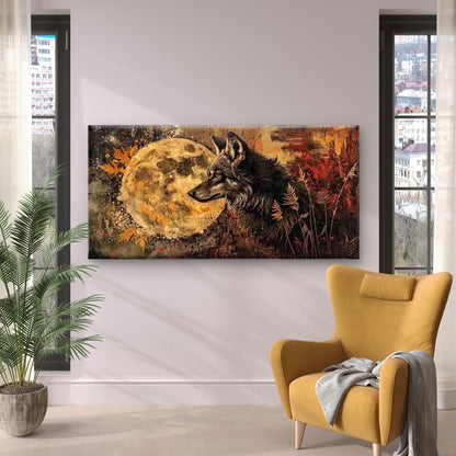 Wolf Under The Moon Wall Art Canvas Office Home Room Framed 120x60cm