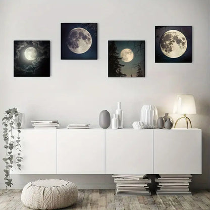 4pcs Full Harvest Moon & Stars Tree Branch Night Sky Wall Art Canvas Framed