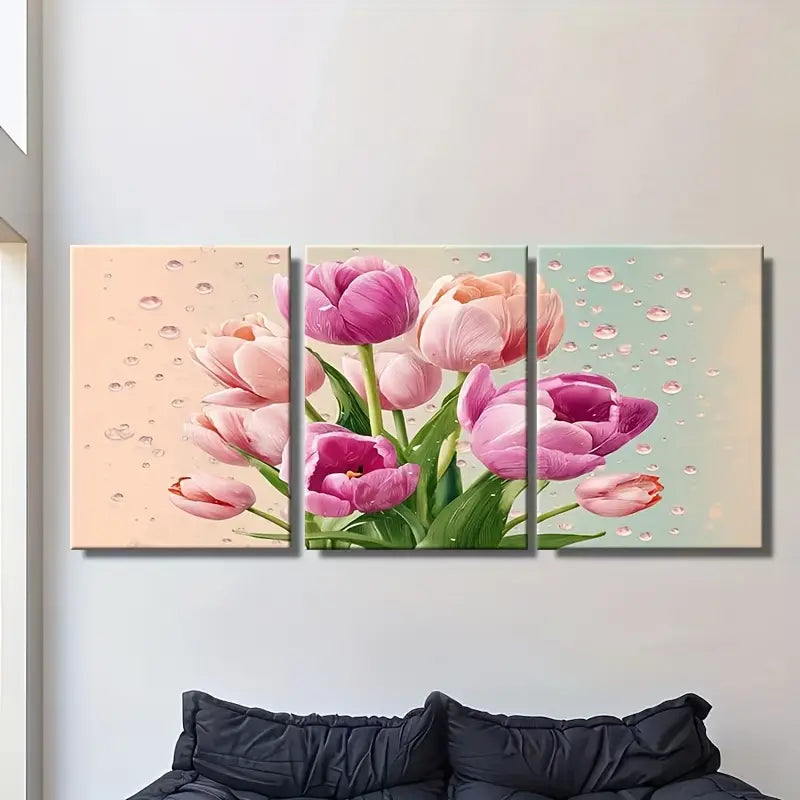 3pcs Pink Tulips Bouquet Metal Print Ready to Hang Art