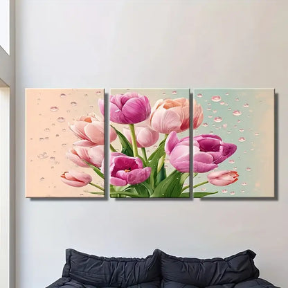 3pcs Pink Tulips Bouquet Metal Print Ready to Hang Art