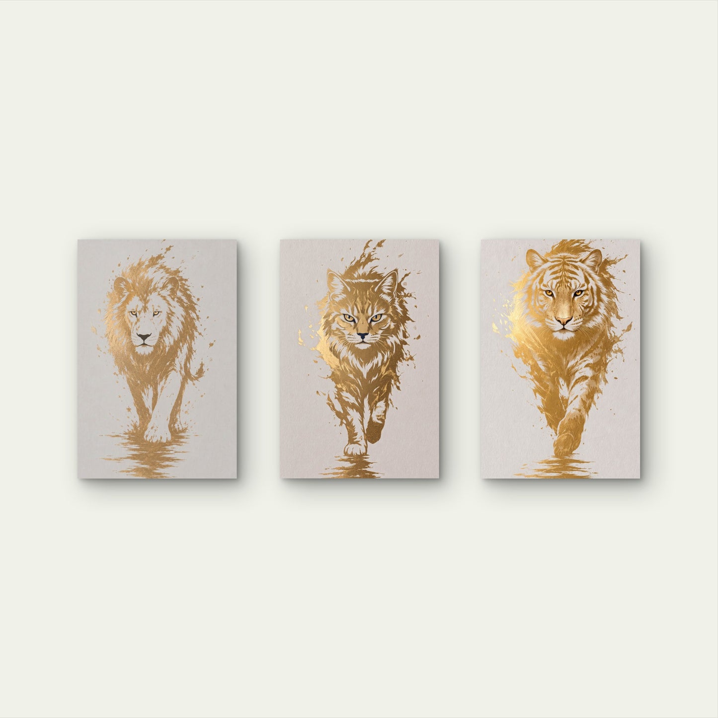 3pcs Gold Foil Lion Cat Tiger Animal Splatter  Wall Art Set Canvas Framed 60x90cm - High Quality Print 100% Australian Made Wall Canvas Ready to Hang