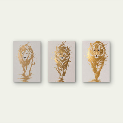 3pcs Gold Foil Lion Cat Tiger Animal Splatter  Wall Art Set Canvas Framed 60x90cm - High Quality Print 100% Australian Made Wall Canvas Ready to Hang