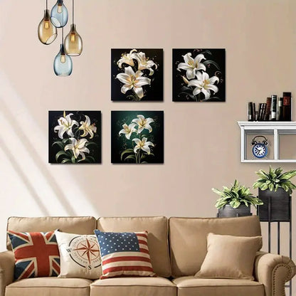 4pcs  Elegant White Lilies & Golden SwirlsWall Art Canvas Framed
