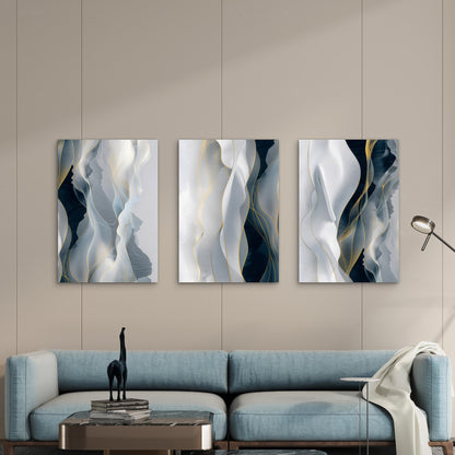3pcs Black White Gold Fluid Ribbon Abstract Wall Art Set Canvas Framed 40x60cm - High Quality Print 100% Australian Made Wall Canvas Ready to Hang