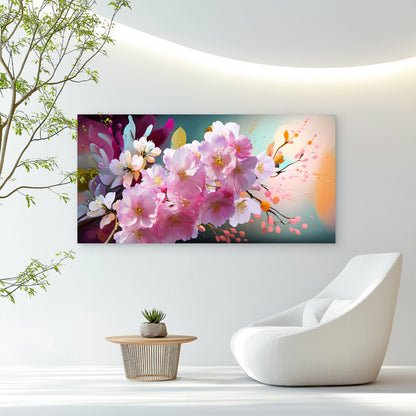 Pink Cherry Blossom Painting Wall Art Canvas Office Home Room Framed 120x60cm