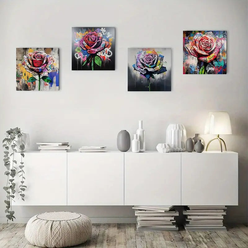 4pcs Vibrant Graffiti Rose Designs, Bold Street Wall Art Canvas Framed