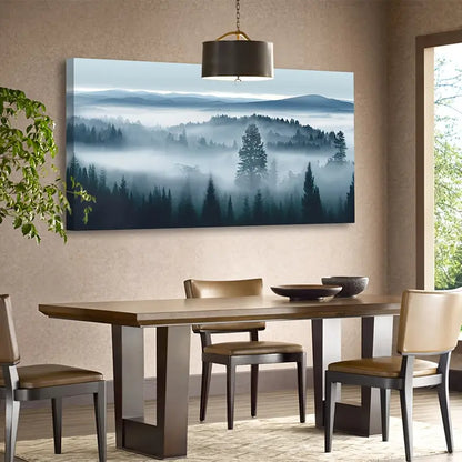 Misty Forest Blue Grey Abstract Mountain Trees Wall Art canvas office home room framed 120x60cm - Bella Home Decor