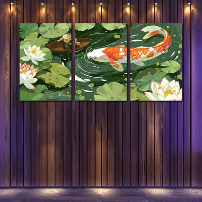 3pcs Fisherman on Boat Casting Net in Lotus Pond Wall Art Set Canvas Framed 50x70cm - High Quality Print 100% Australian Made Wall Canvas Ready to Hang