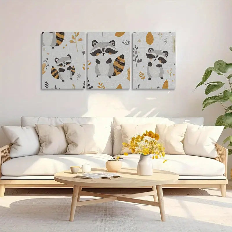 3pcs Playful Raccoon Patterns with Autumn Leaves Metal Print Ready to Hang Art