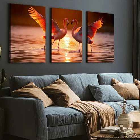 3pcs Flamingos Animal Sunrise Scenic Art Wall Art Set Canvas Framed 60x90cm - High Quality Print 100% Australian Made Wall Canvas Ready to Hang
