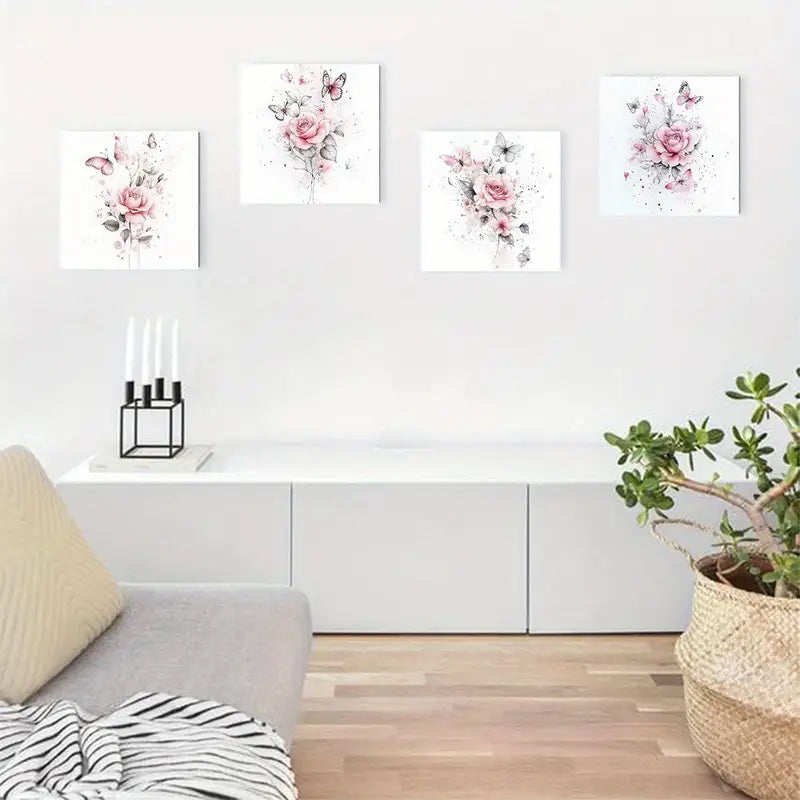4pcs Floral Pink Elegant Modern Home Wall Art Canvas Framed