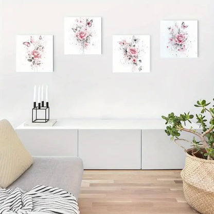 4pcs Floral Pink Elegant Modern Home Wall Art Canvas Framed