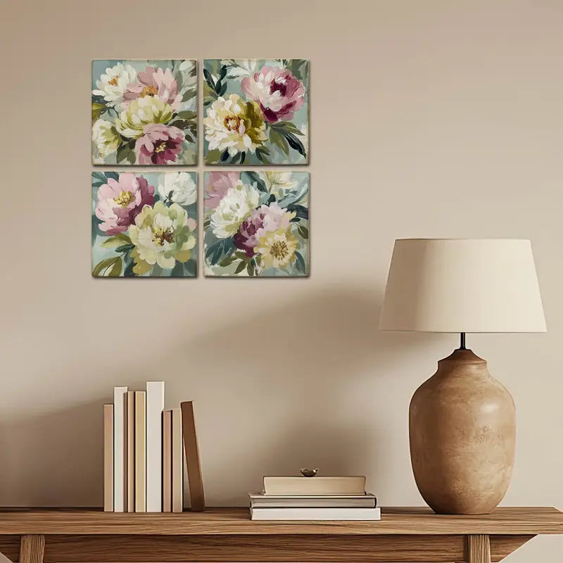 4pcs Green,Pink And White Flower Assent Wall Art Canvas Framed