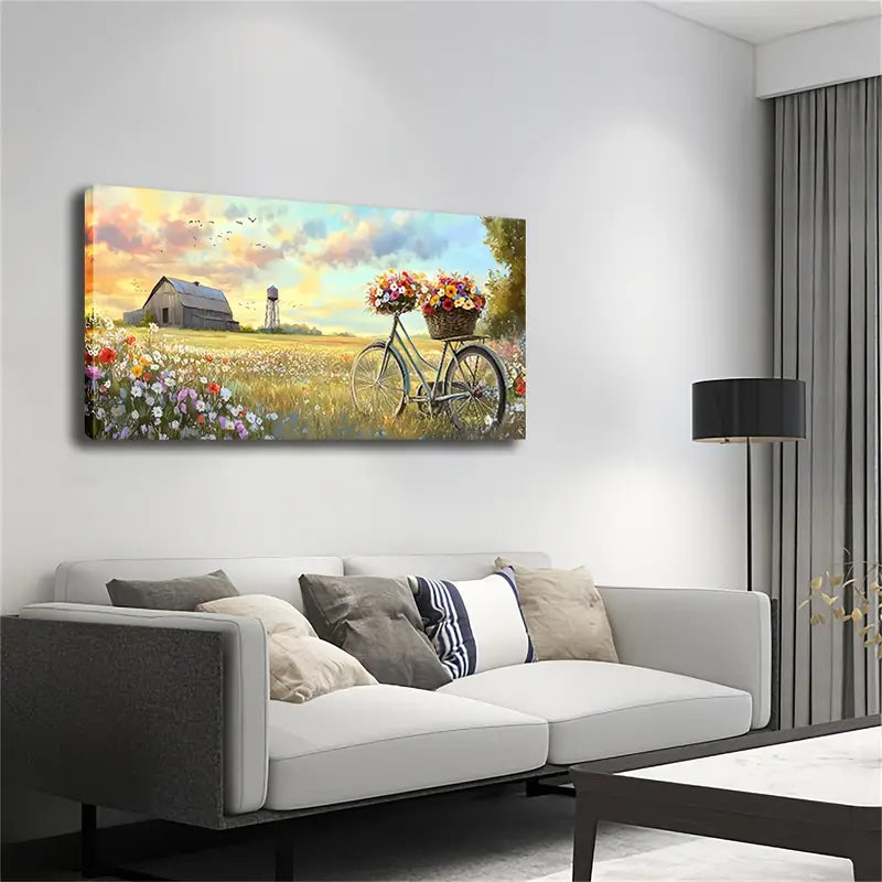 A Bicycle Carrying A Flower Basket Wall Art Canvas Office Home Room Framed 120x60cm - Bella Home Decor