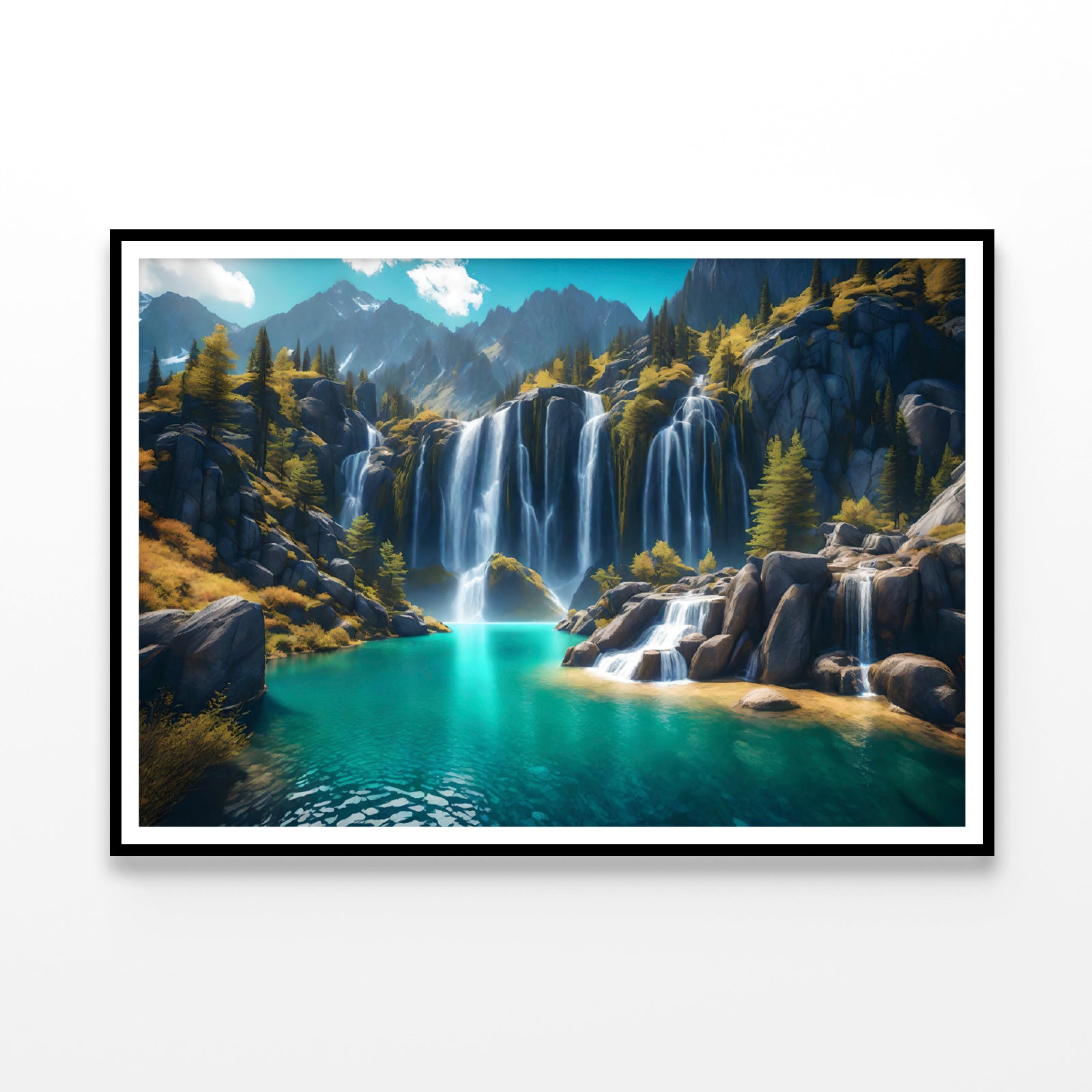 Waterfall, Mountains & Clear Blue Sky Home Decor Premium Quality Poster Print Choose Your Sizes - Bella Home Decor