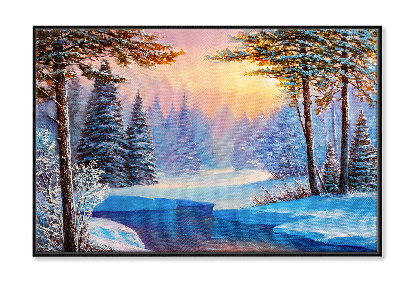 Winter Landscape With The River Oil Painting Wall Art Limited Edition High Quality Print Canvas Box Framed Black