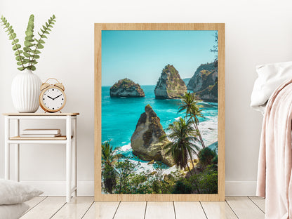 Deserted Beach Photograph Nusa Penida Island Glass Framed Wall Art, Ready to Hang Quality Print Without White Border Oak