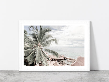 Palm Tree & Rocks near Sea View Photograph Glass Framed Wall Art, Ready to Hang Quality Print With White Border White