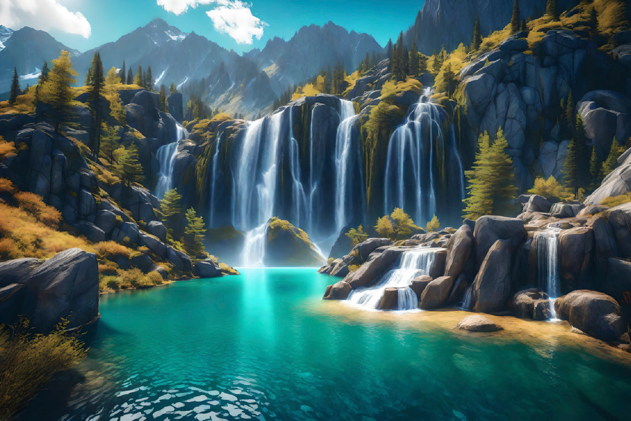 Waterfall, Mountains & Clear Blue Sky Home Decor Premium Quality Poster Print Choose Your Sizes - Bella Home Decor