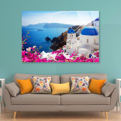 Bougainvillea in the Oia of Coast Acrylic Glass Print Tempered Glass Wall Art 100% Made in Australia Ready to Hang