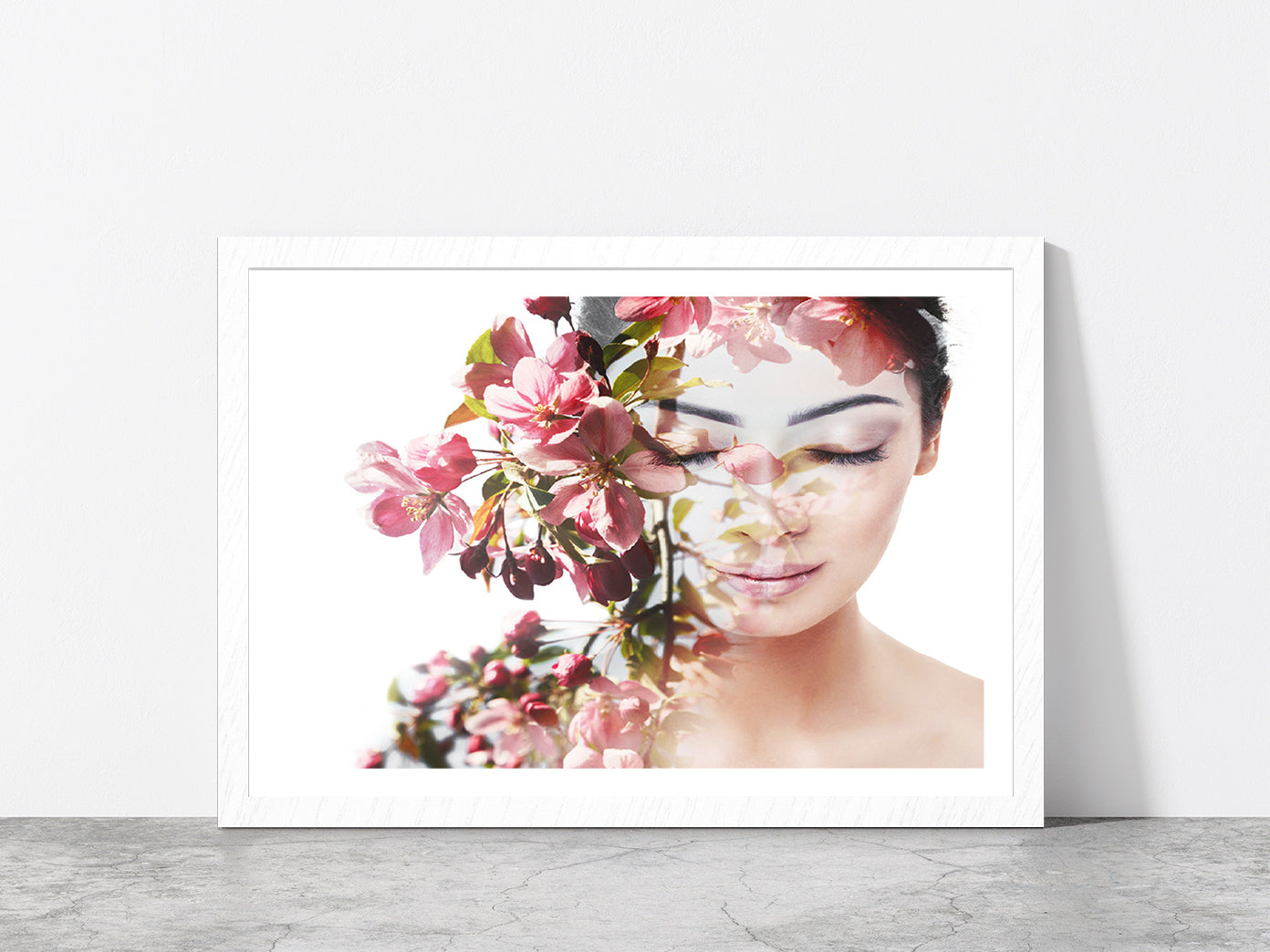 Girl With Flowers Show Nature Glass Framed Wall Art, Ready to Hang Quality Print With White Border White