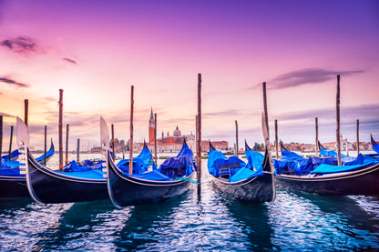 Gondolas Lined Up in The Water at Sunset Acrylic Glass Print Tempered Glass Wall Art 100% Made in Australia Ready to Hang