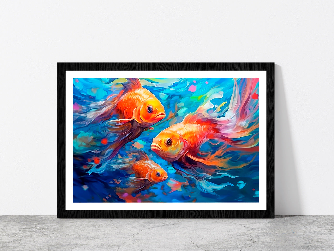 Underwater World With Beautiful Fishes Glass Framed Wall Art, Ready to Hang Quality Print With White Border Black