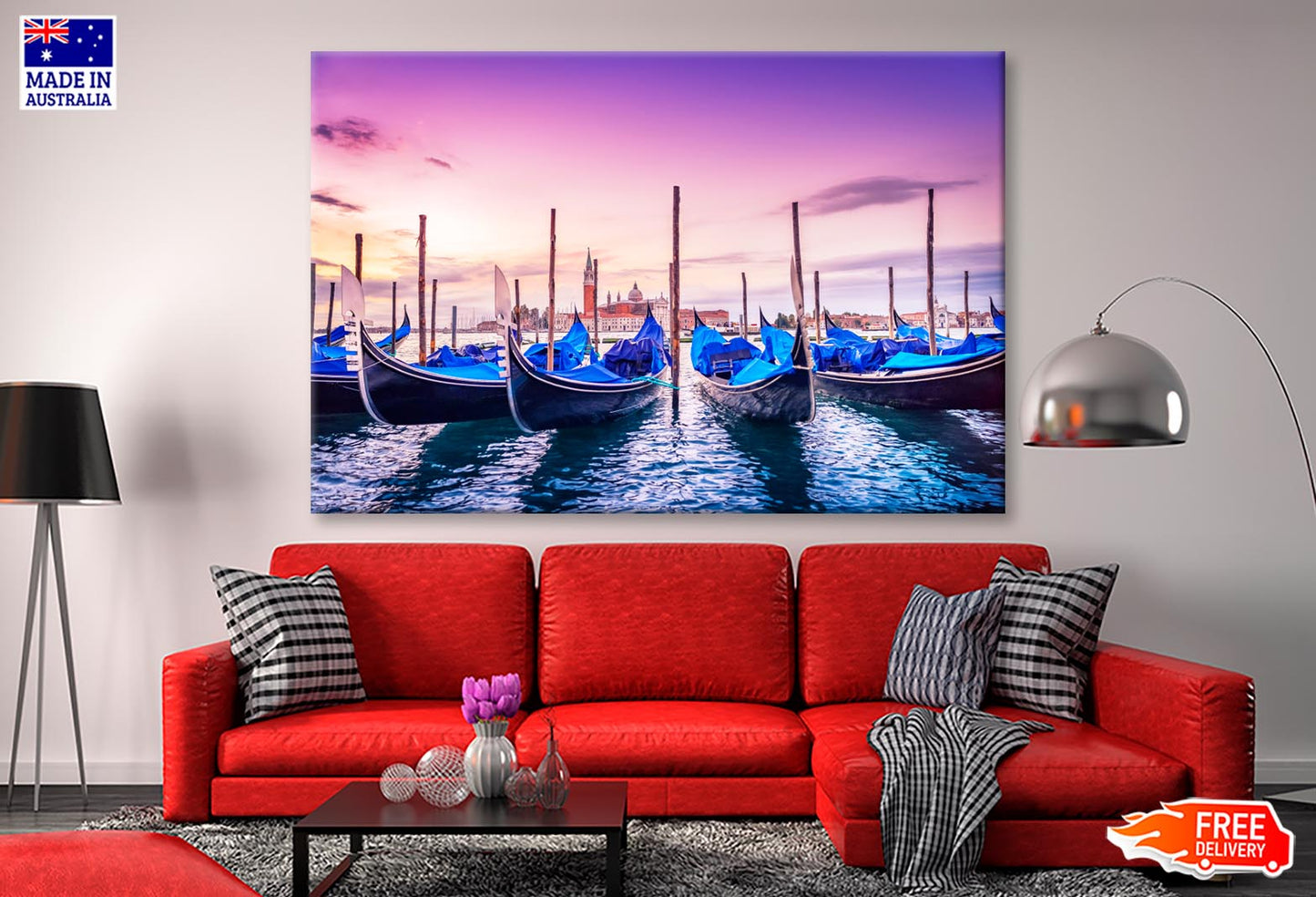 Gondolas Lined Up in The Water at Sunset Wall Art Decor 100% Australian Made