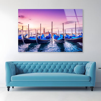 Gondolas Lined Up in The Water at Sunset Acrylic Glass Print Tempered Glass Wall Art 100% Made in Australia Ready to Hang