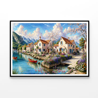 Oil Painting of a Small Town with Mountains Home Decor Premium Quality Poster Print Choose Your Sizes