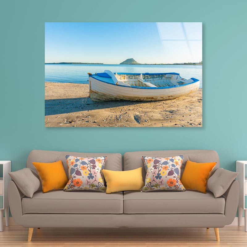 Vintage Wooden Clinker Dingy on Foreshore of Bay Acrylic Glass Print Tempered Glass Wall Art 100% Made in Australia Ready to Hang - Bella Home Decor