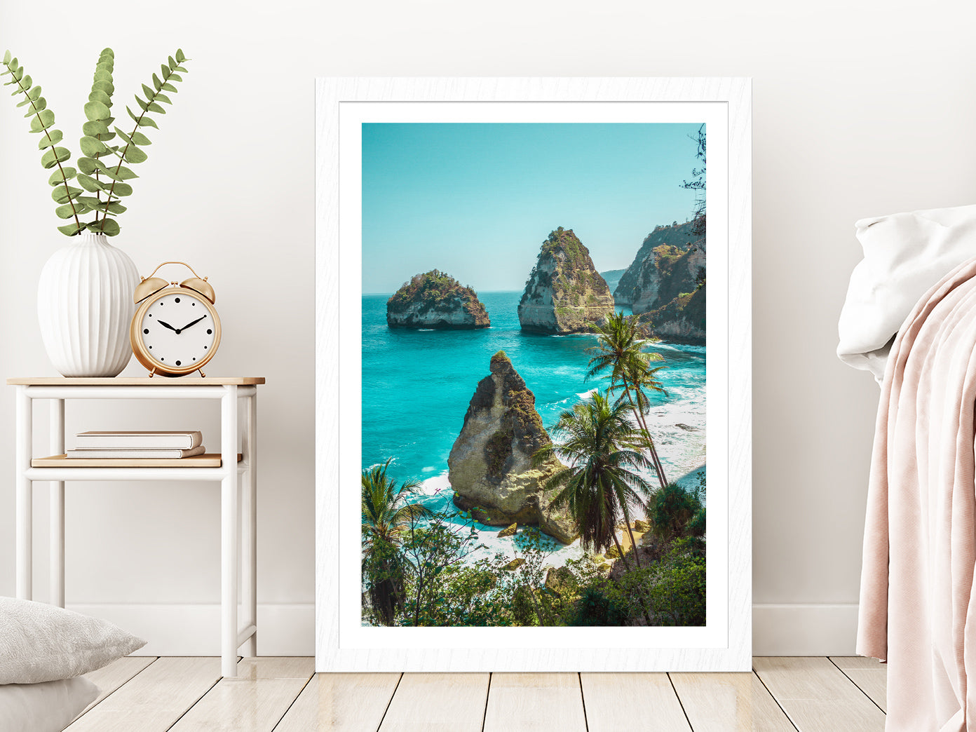 Deserted Beach Photograph Nusa Penida Island Glass Framed Wall Art, Ready to Hang Quality Print With White Border White