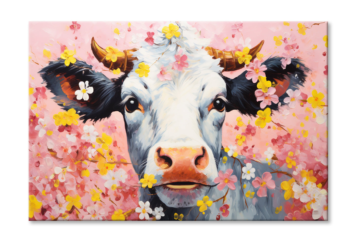 Cow Face in Blossom Flowers Oil Painting Wall Art Limited Edition High Quality Print Stretched Canvas None