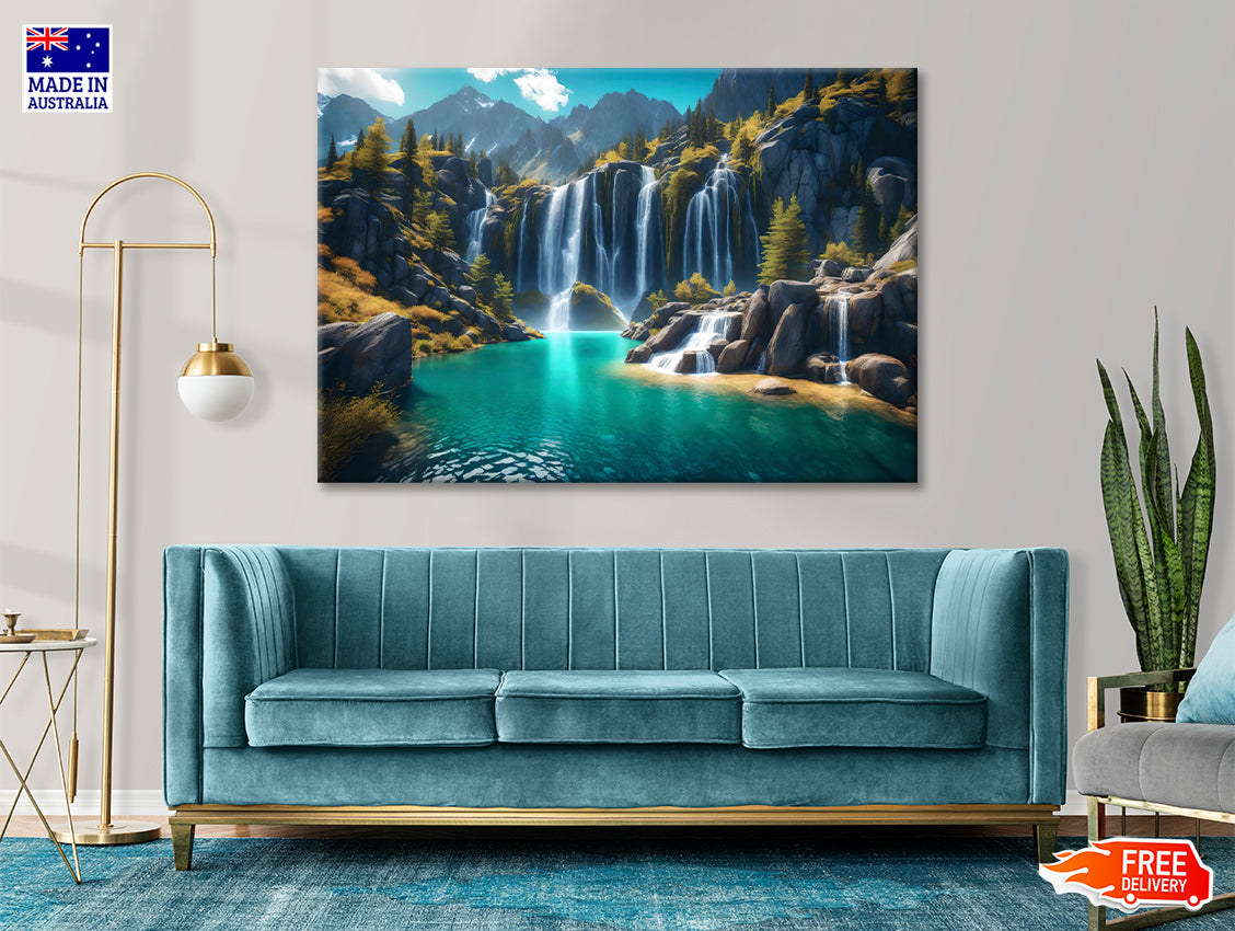 Waterfall, Mountains & Clear Blue Sky Print 100% Australian Made - Bella Home Decor