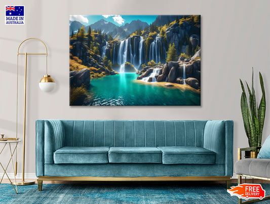 Waterfall, Mountains & Clear Blue Sky Print 100% Australian Made - Bella Home Decor