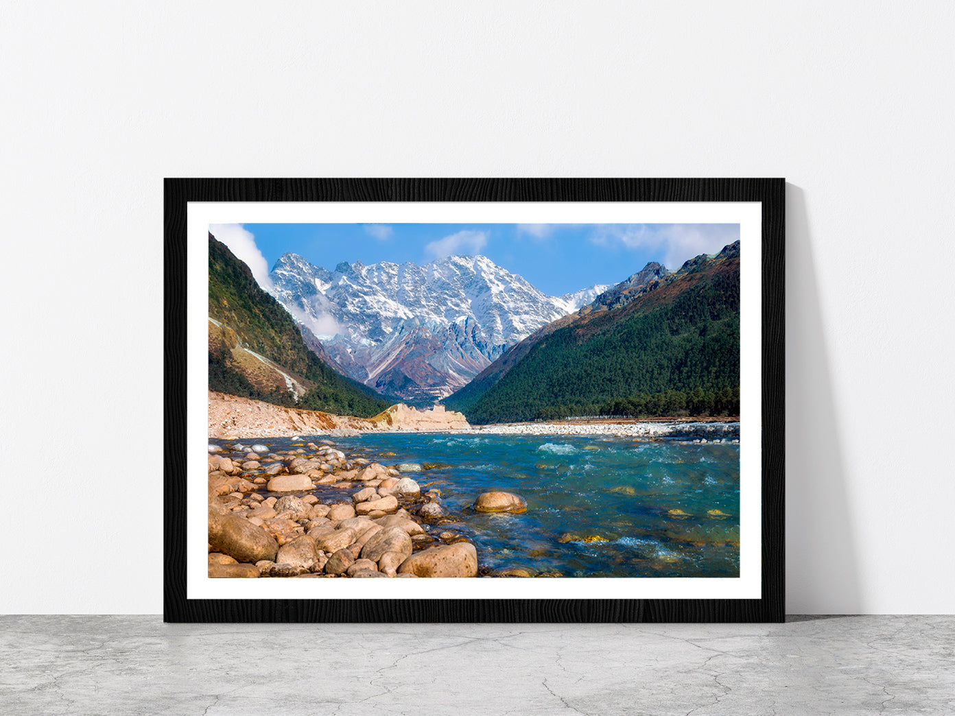 Yumthang Valley With River Teesta Glass Framed Wall Art, Ready to Hang Quality Print With White Border Black