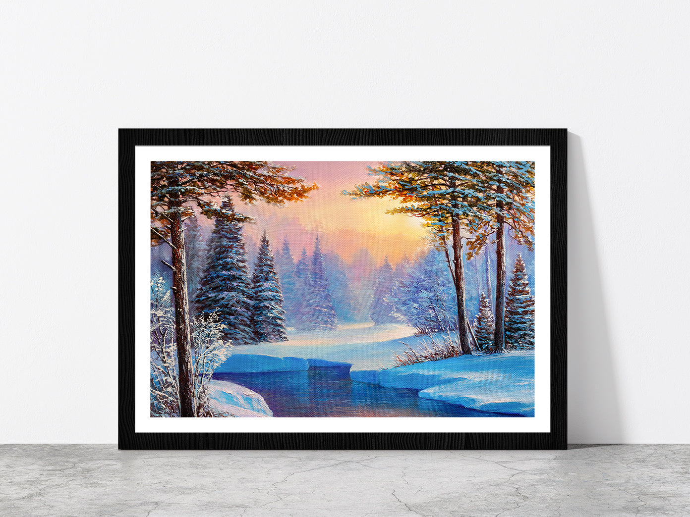 Winter Landscape With The River Glass Framed Wall Art, Ready to Hang Quality Print With White Border Black