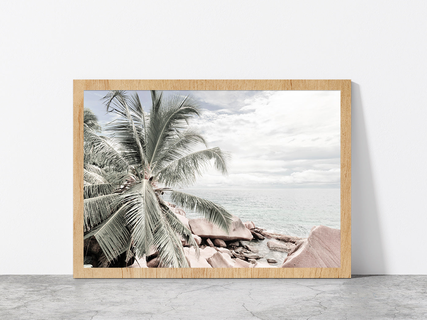 Palm Tree & Rocks near Sea View Photograph Glass Framed Wall Art, Ready to Hang Quality Print Without White Border Oak