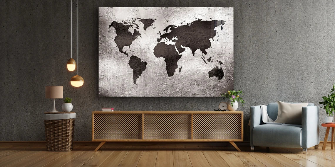 Silver World Map Vector UV Direct Aluminum Print Australian Made Quality