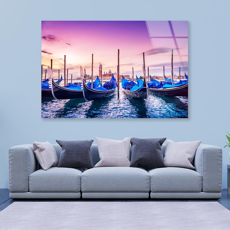 Gondolas Lined Up in The Water at Sunset Acrylic Glass Print Tempered Glass Wall Art 100% Made in Australia Ready to Hang